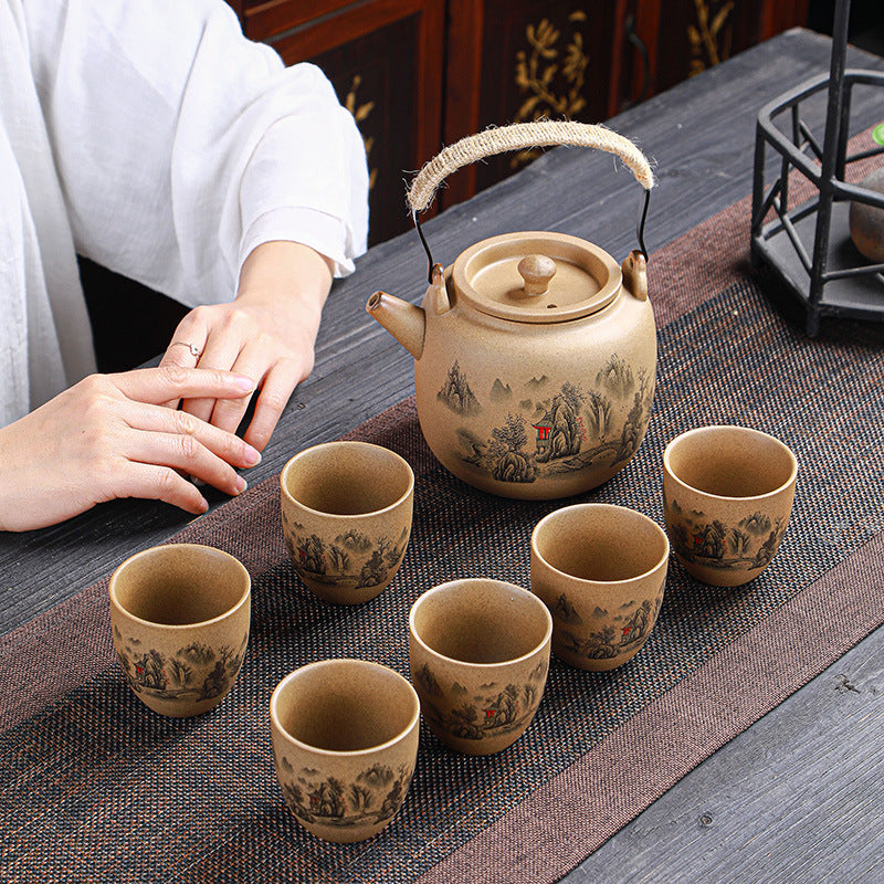 Handmade Retro Ceramic Teapot Set with Beam Handle and Large Cups, Japanese Style Coarse Pottery Wood-Fired Tea Set