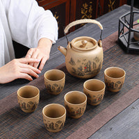 Handmade Retro Ceramic Teapot Set with Beam Handle and Large Cups, Japanese Style Coarse Pottery Wood-Fired Tea Set