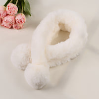 Faux Rabbit Fur Double Ball Winter Plush Scarf for Women, Cross Solid Color Warm Neck Warmer