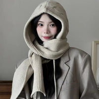Women's Hooded Knitted Shawl with Integrated Hat and Scarf, Thickened Drawstring Design for Autumn/Winter Layering