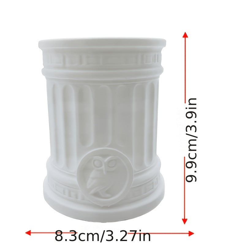 European Retro Greek Mythology Roman Column Owl Relief Pen Holder Desk Organizer
