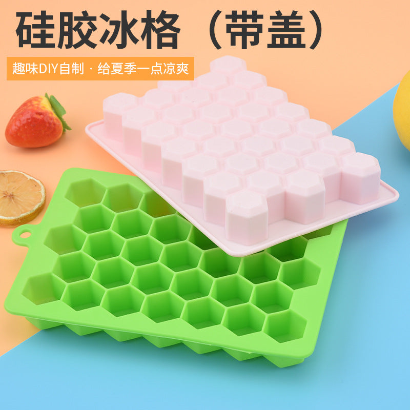 33-Grid Food Grade Silicone Ice Cube Tray with Lid, Honeycomb Design for Homemade Ice and Baby Food Storage