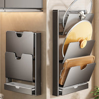 Wall-Mounted Pot Lid Holder with Suction Cup or Adhesive, Foldable Kitchen Organizer for Cutting Boards and Lids