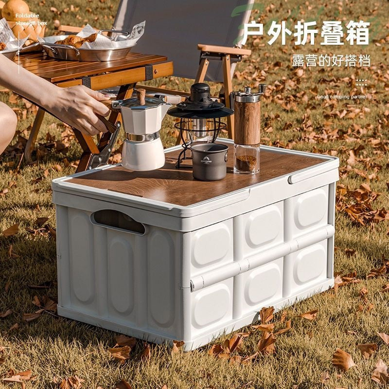 Foldable Outdoor Storage Box with Wooden Lid for Camping, Home, and Car Trunk Organization