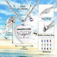 Cremation Urn Necklace with Heart Pendant, Birthstone, and Angel Wing for Ashes, Hair, or Remains