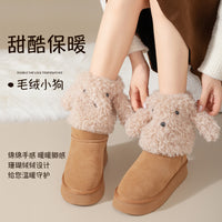 Cute Cartoon Dog Plush Thermal Slipper Socks for Women, Thickened Fleece Lined Winter Home Knee High Foot Covers