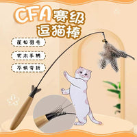 CFA-Grade Cat Teaser Wand with Replaceable Feather and Bell Heads, Wooden Handle