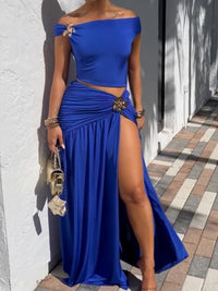 Women's Asymmetric Crop Top & Ruched Metallic Decor Maxi Skirt Two-Piece Set