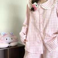 Women's Cloud Cotton Plaid Pajama Set with Doll Collar Long Sleeve
