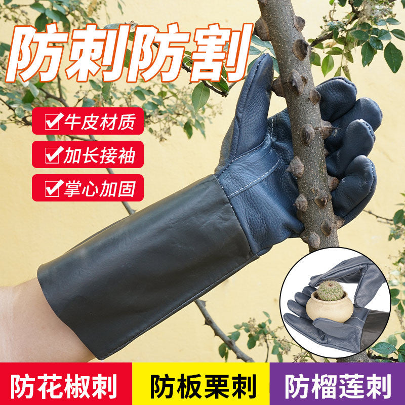 Professional Cowhide Gardening Gloves with Long Sleeves for Rose Pruning and Thorn Protection