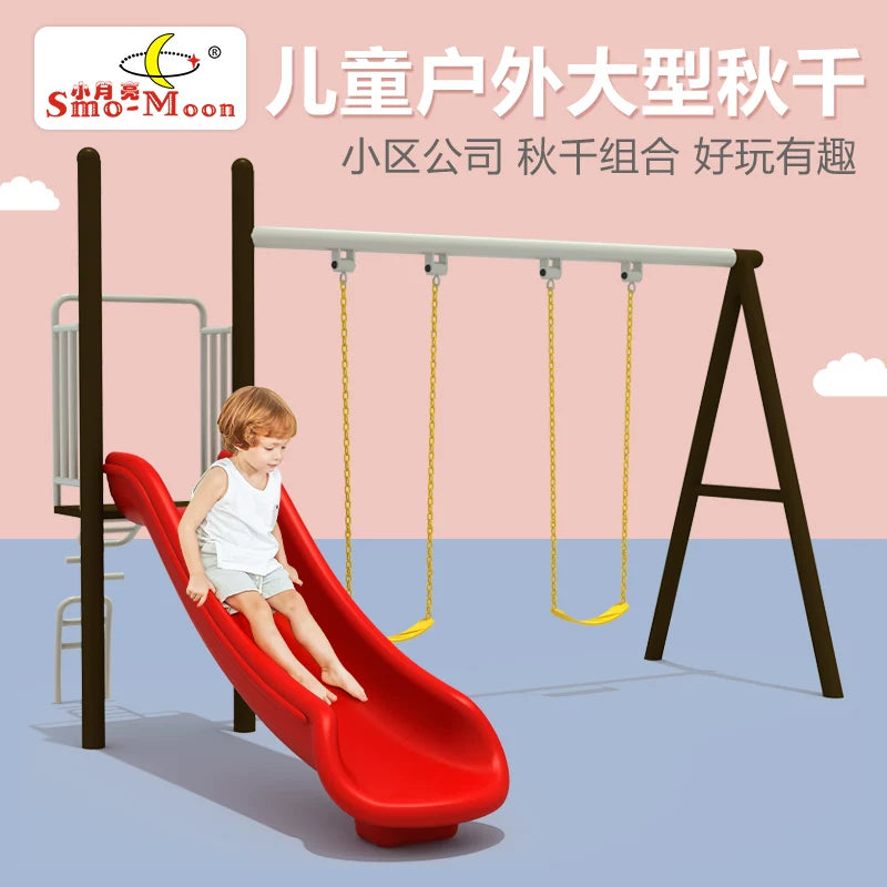 Kids Outdoor Swing Set with Slide, Kindergarten Playground Equipment, Painted Steel Frame