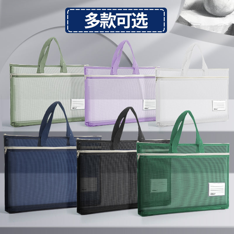 A3 Portable Document Organizer Bag with Handle, Large Capacity Mesh File Pouch for Students