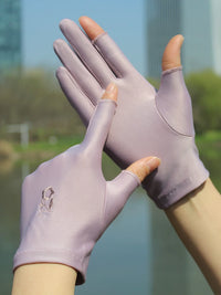 Women's Thin Ice Silk Sun Protection Half-Finger Gloves for Driving Cycling Touchscreen with Embroidery