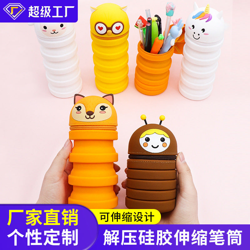Retractable Silicone Pencil Case with Cartoon Animal Design, Stand-up Pen Holder for Students
