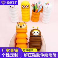 Retractable Silicone Pencil Case with Cartoon Animal Design, Stand-up Pen Holder for Students