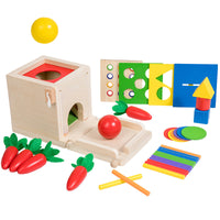 Wooden Montessori Ball Drop Box with Carrot Pulling and Coin Insertion Educational Toy for Toddlers and Kids