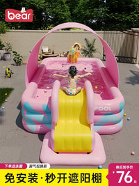 Inflatable Kiddie Pool with Sunshade Slide, Large Foldable for Indoor/Outdoor Use