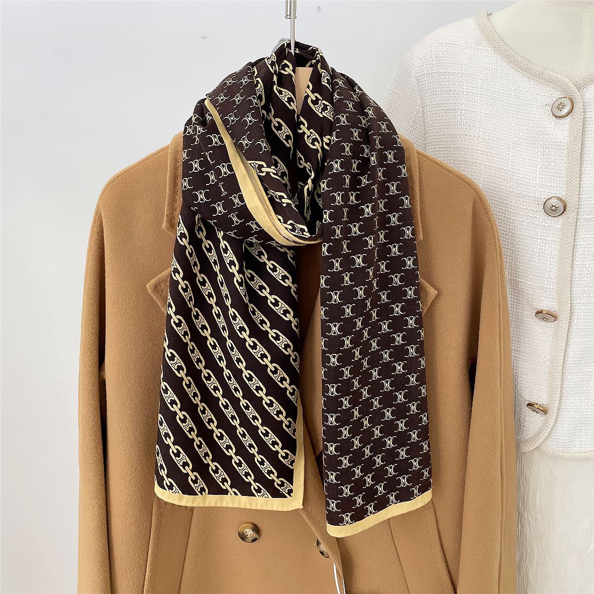 Velvet Herringbone Pattern Scarf for Women, Hand-Rolled Edge, Autumn/Winter Warm Neck Scarf