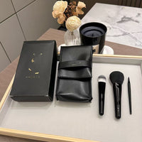 YS Saint 3-Piece Portable Makeup Brush Set with Leather Pouch for Blush, Foundation, and Lip