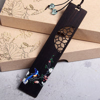 Exquisite Hand-Painted Floral Bird Wooden Bookmark with Pen Gift Set
