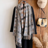 Women's Winter Tassel Scarf Shawl, Ethnic Geometric Cashmere Feel, Thick Warm Neck Wrap