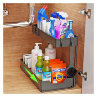 Under Sink Pull-Out Storage Organizer Rack for Kitchen and Bathroom, Double-Layer Sliding Shelf with Drain Tray