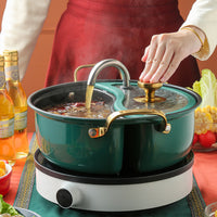 304 Stainless Steel Divided Hot Pot with Lid, Thickened Dual-Handle Shabu-Shabu and Fry Pot for Induction Cooktops