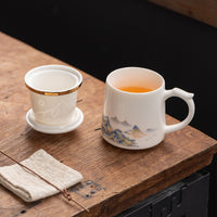 Mutton Fat Jade White Porcelain Tea Mug with Infuser and Lid, Tea-Water Separation Office Cup
