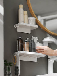 Wall-Mounted Punch-Free Bathroom Organizer with Toothbrush Holder and Liquid Soap Dispenser