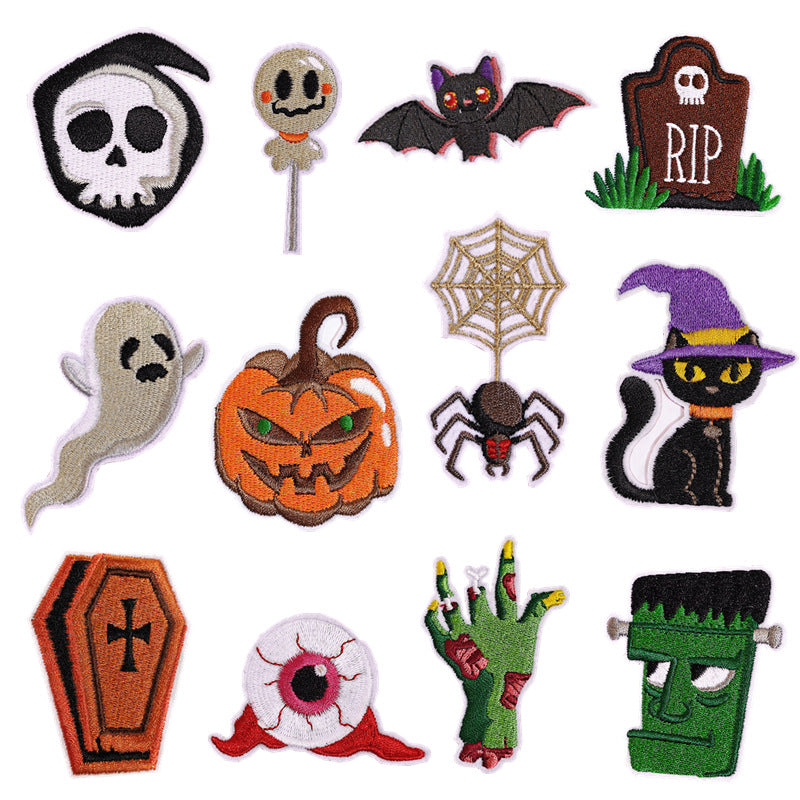 Halloween Embroidered Patches for Party Decoration, Pumpkin Spider Bat Ghost Festival Iron-On Appliques