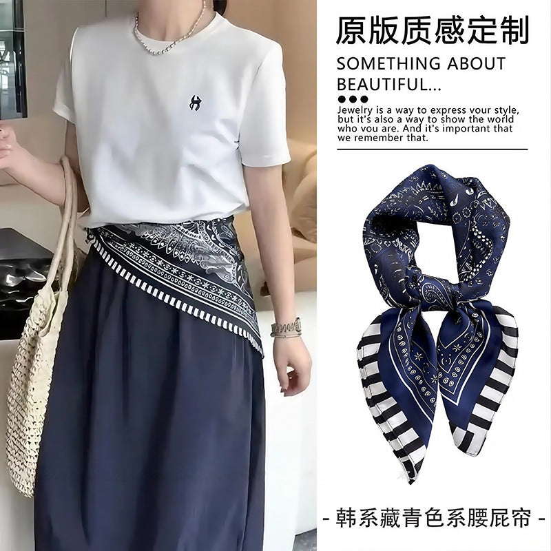 Navy Blue Paisley Waist Scarf for Dresses and Commuter Fashion