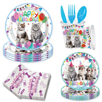 Cat Theme Birthday Party Supplies Set for Kids - Plates, Cups, Napkins, Decorations