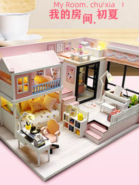 DIY Miniature Dollhouse Kit with Dust Cover, Wooden Assembly Model for Creative Gift