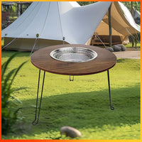 Outdoor Multifunctional Round Fire Pit Table for Tea, Charcoal BBQ, and Camping