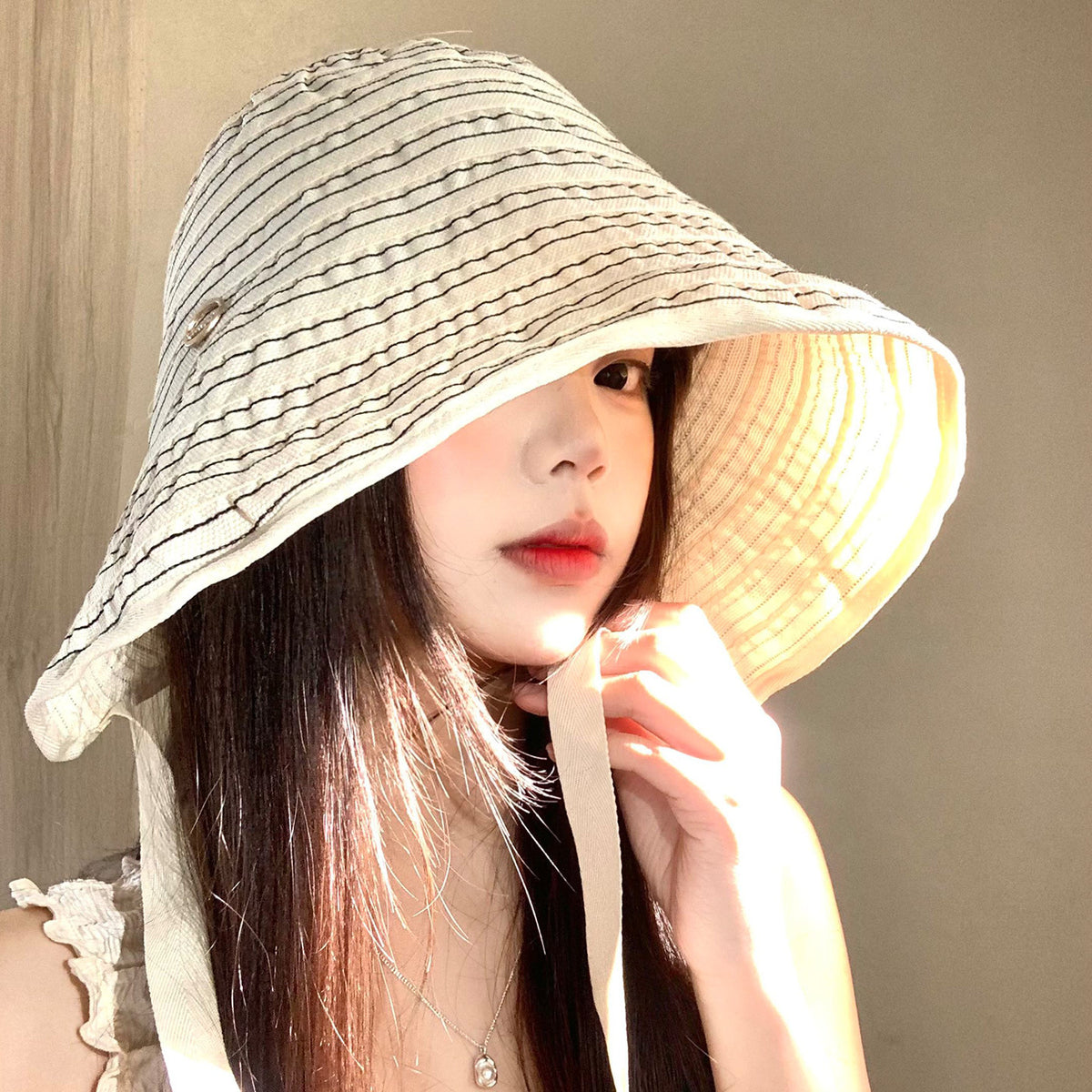 Striped Sun Protection Bucket Hat with Chin Strap - Wide Brim Full Face Coverage for Women