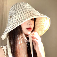 Striped Sun Protection Bucket Hat with Chin Strap - Wide Brim Full Face Coverage for Women