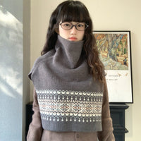 Fair Isle Vintage High-Neck Knitted Shawl Scarf for Women, Autumn/Winter Warm Layering Neck Warmer