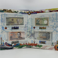 68-Country World Currency Collection Album with Banknotes, Coins, and Stamps