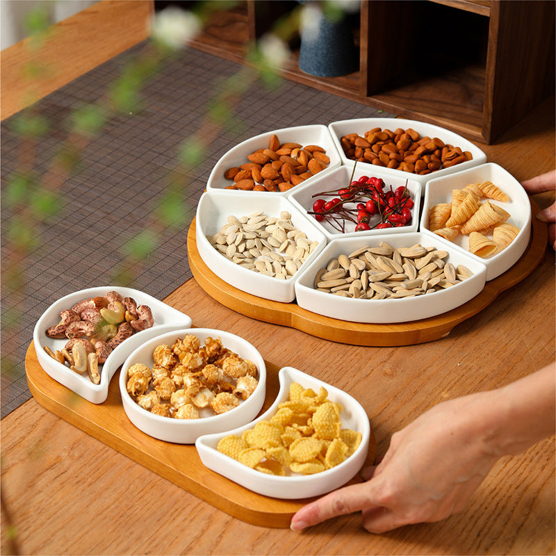 Ceramic Divided Snack Platter with Wooden Base for Nuts, Candies, and Appetizers