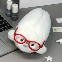 Fluffy Seal Plush Pencil Pouch with Glasses, Large Capacity Standing Stationery Organizer for Students