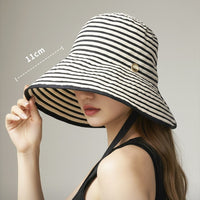 Women's UPF 50+ Wide Brim Sun Hat with Ponytail Hole, Striped Fisherman Bucket Hat for Outdoor Travel