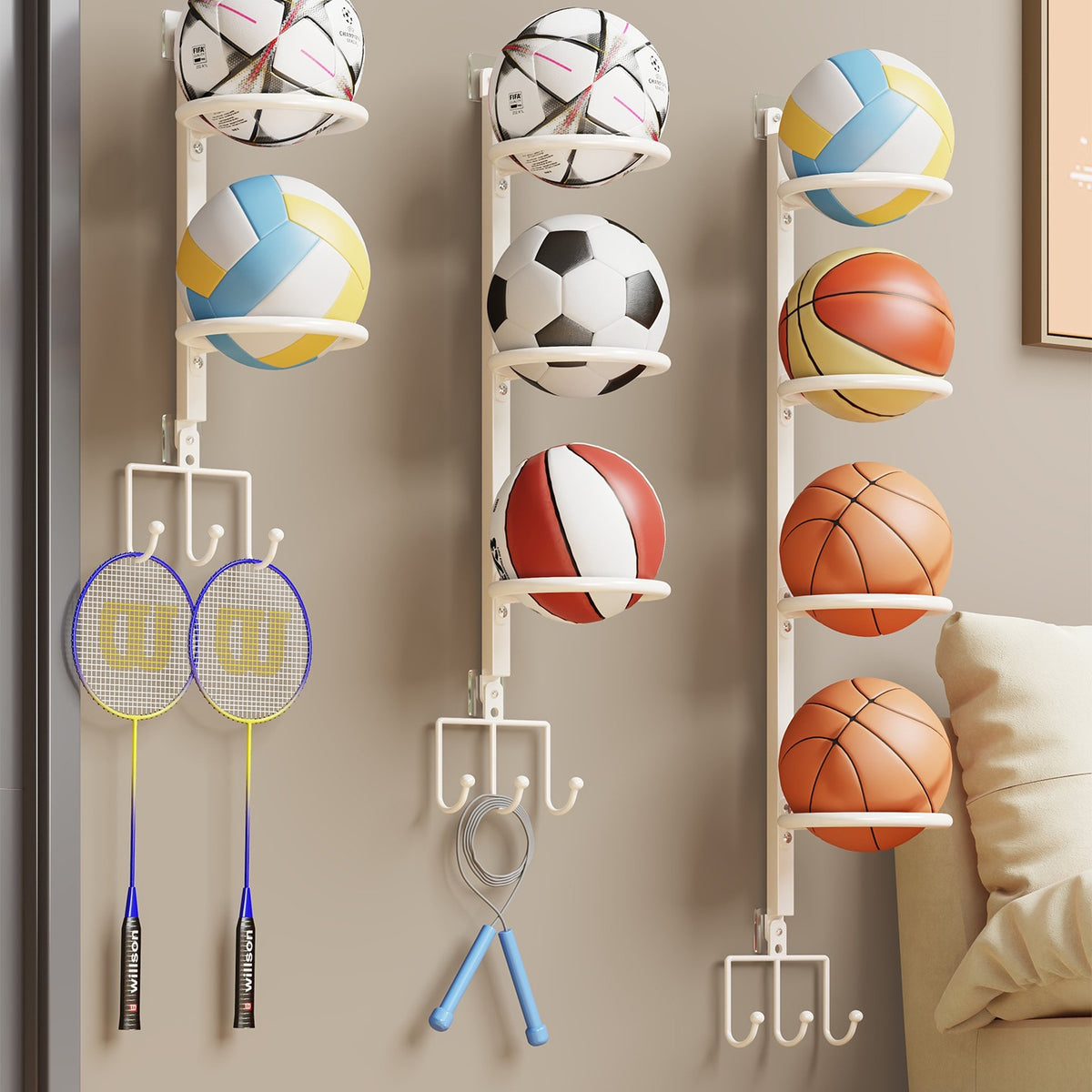 Wall-Mounted Sports Ball Storage Rack - No-Drill Organizer for Basketball, Football, Volleyball, Badminton