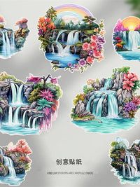 Watercolor Garden Pond Waterfall Landscape Cartoon Stickers for Journaling