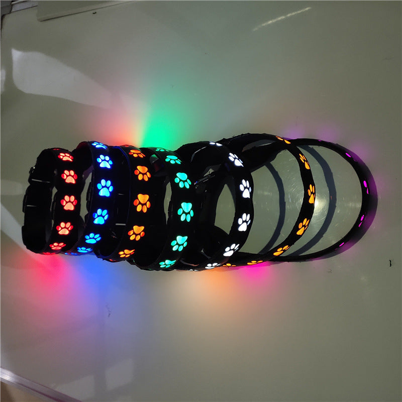 Rechargeable LED Dog Collar with Paw Print Design, Luminous Pet Safety Necklace for Night Walking