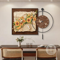 Mid-Century Style Sunflower Wall Art with Silent Clock for Dining Room & Living Room Decor