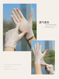 Women's Thin Ice Silk Sun Protection Half-Finger Gloves for Driving Cycling Touchscreen with Embroidery