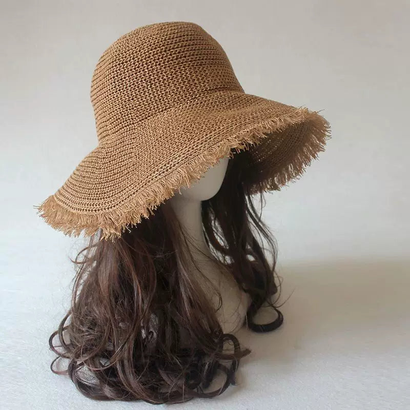 Women's Frayed Edge Knitted Bucket Hat - Korean Style Foldable Sun Hat for Spring/Summer