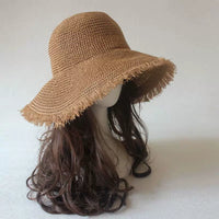 Women's Frayed Edge Knitted Bucket Hat - Korean Style Foldable Sun Hat for Spring/Summer