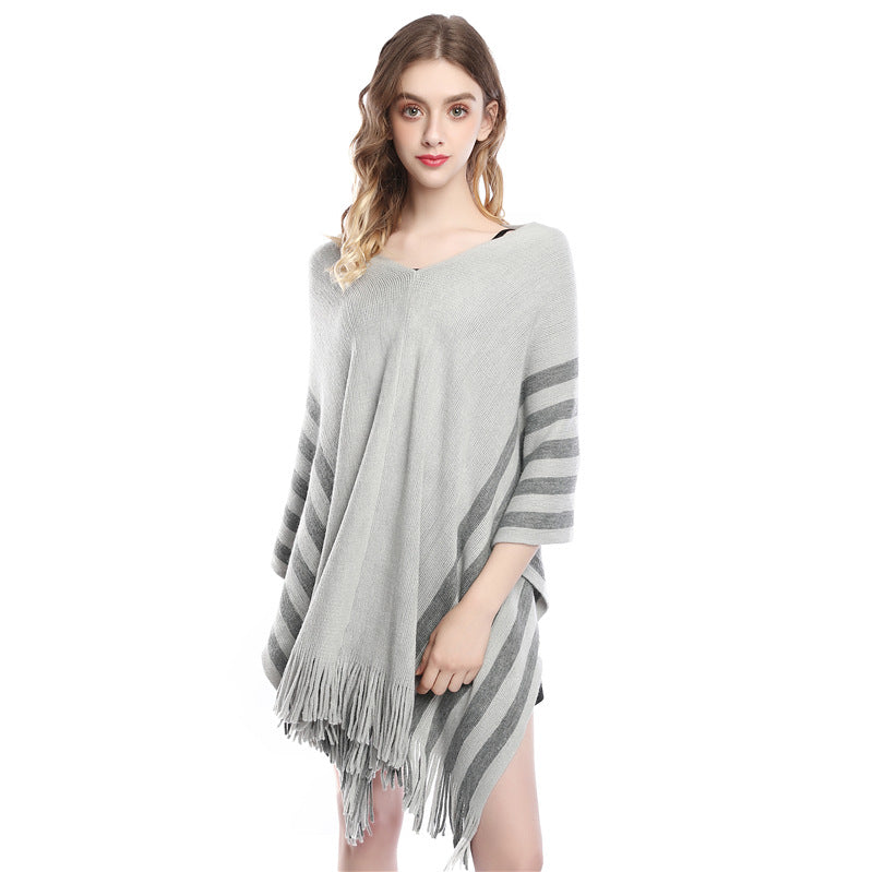 Women's Faux Cashmere Striped Tassel Poncho Sweater