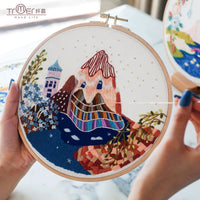 DIY Embroidery Kit for Adults, Landscape Pattern Needlework Craft with Hoop and Tutorial